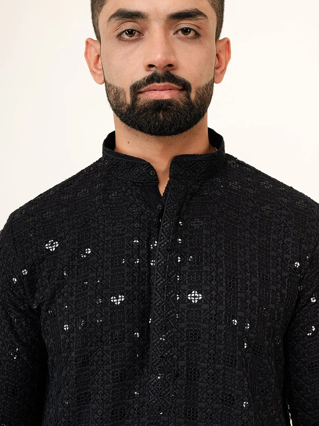 Black Designer Cotton Embroidered kurta for Men