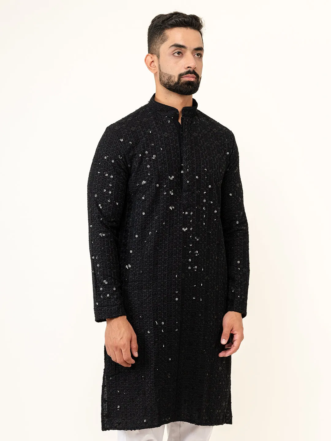 Black Designer Cotton Embroidered kurta for Men