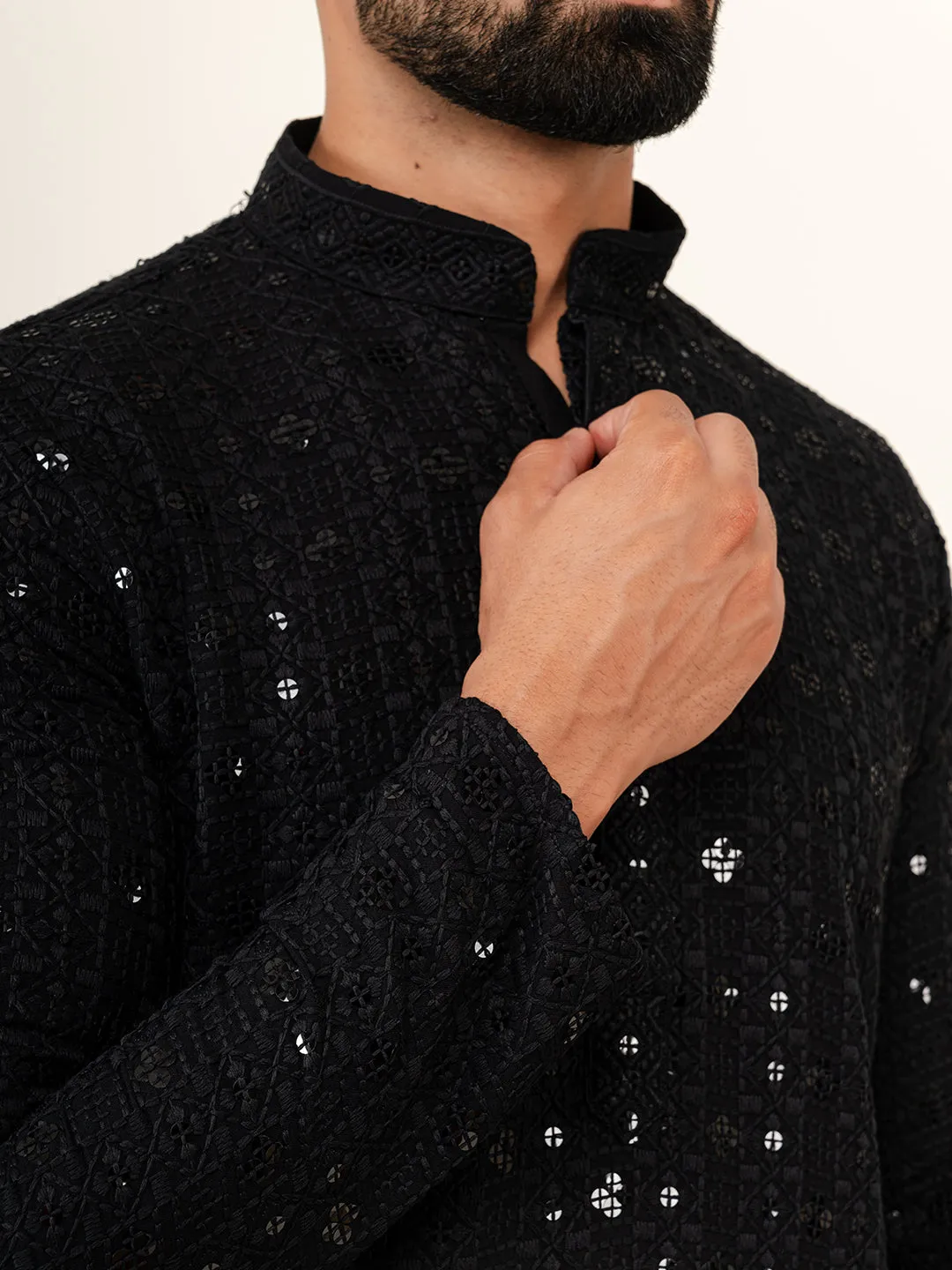 Black Designer Cotton Embroidered kurta for Men