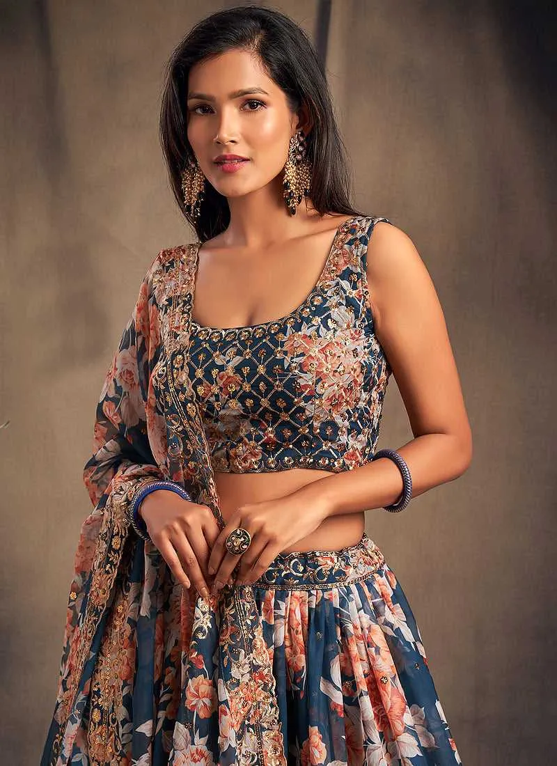 Blue Floral Printed Stylish Embroidered Lehenga Choli