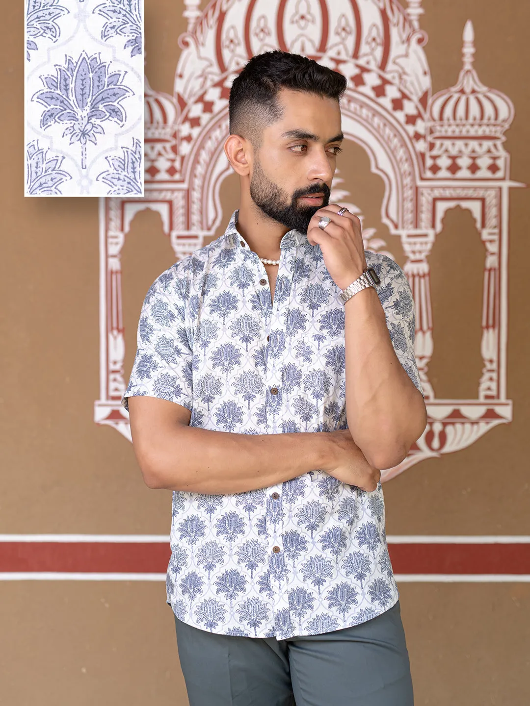 Cream Floral Half Sleeve Printed shirt