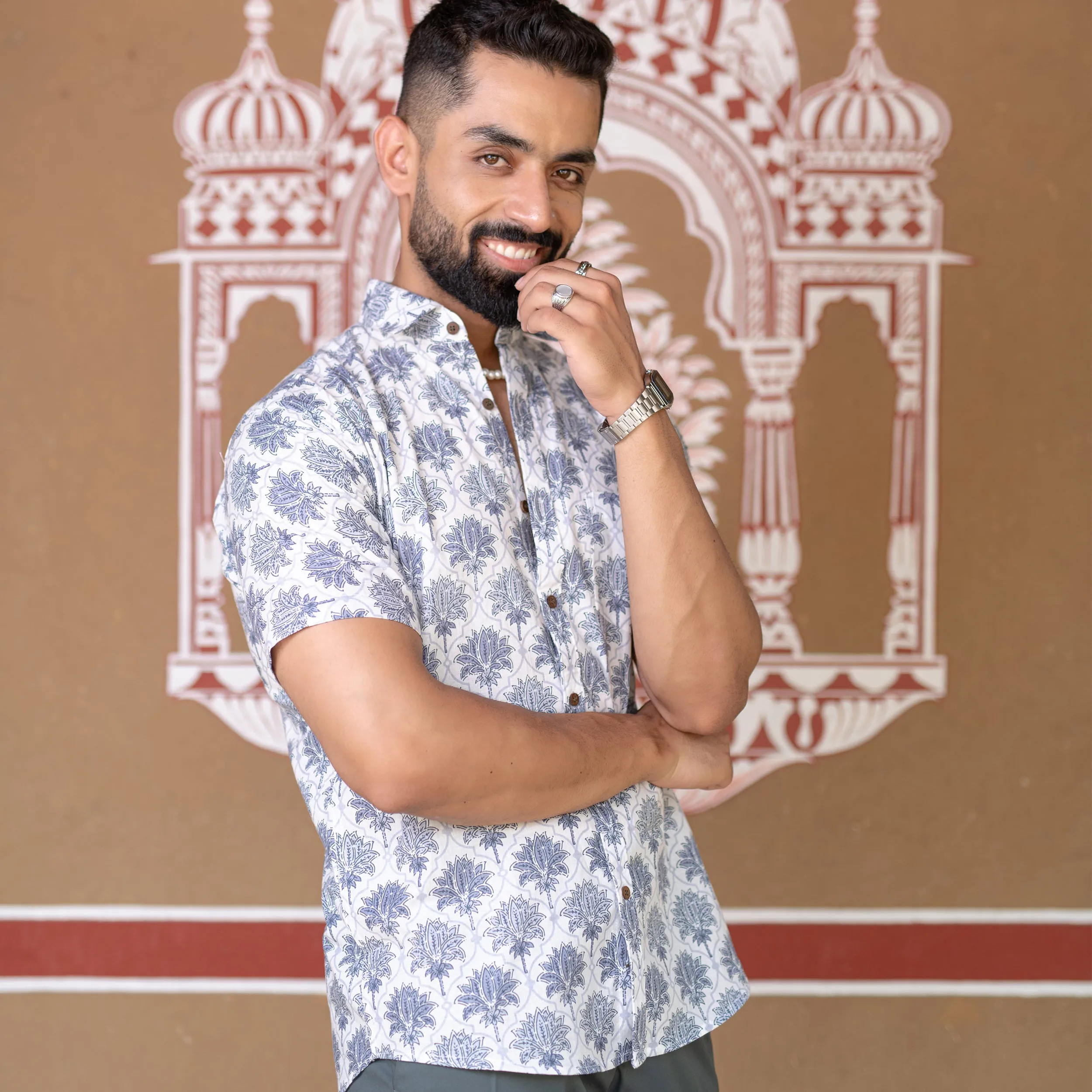Cream Floral Half Sleeve Printed shirt
