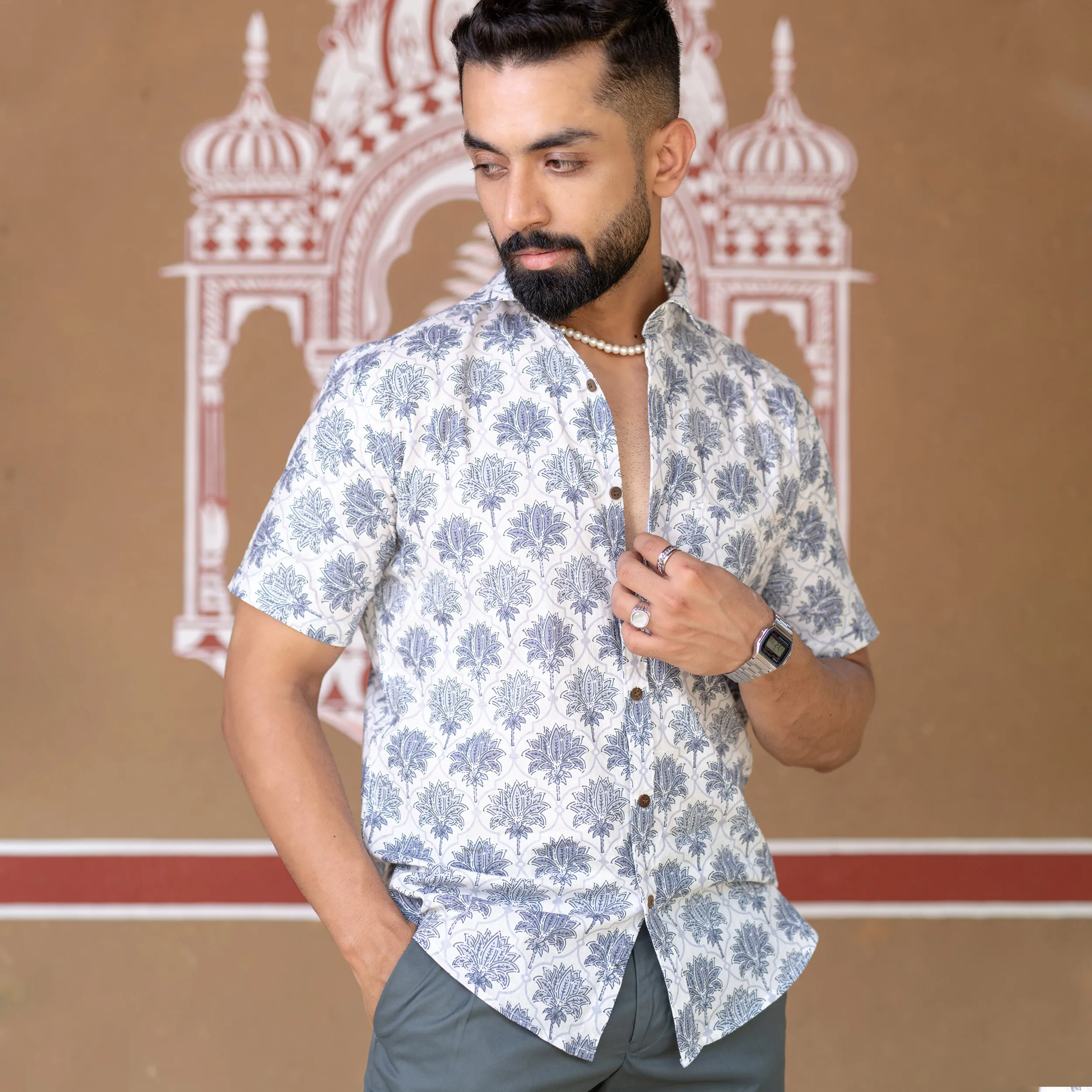Cream Floral Half Sleeve Printed shirt
