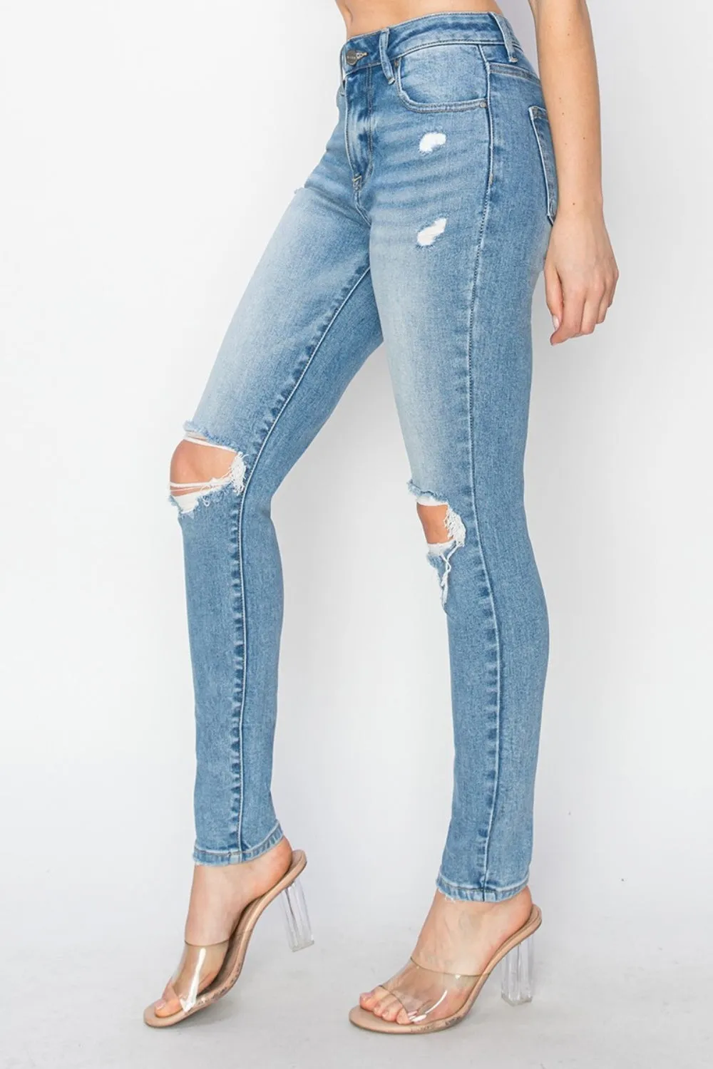 Hazel Blues® |  Risen High Rise Knee Distressed Skinny Jeans