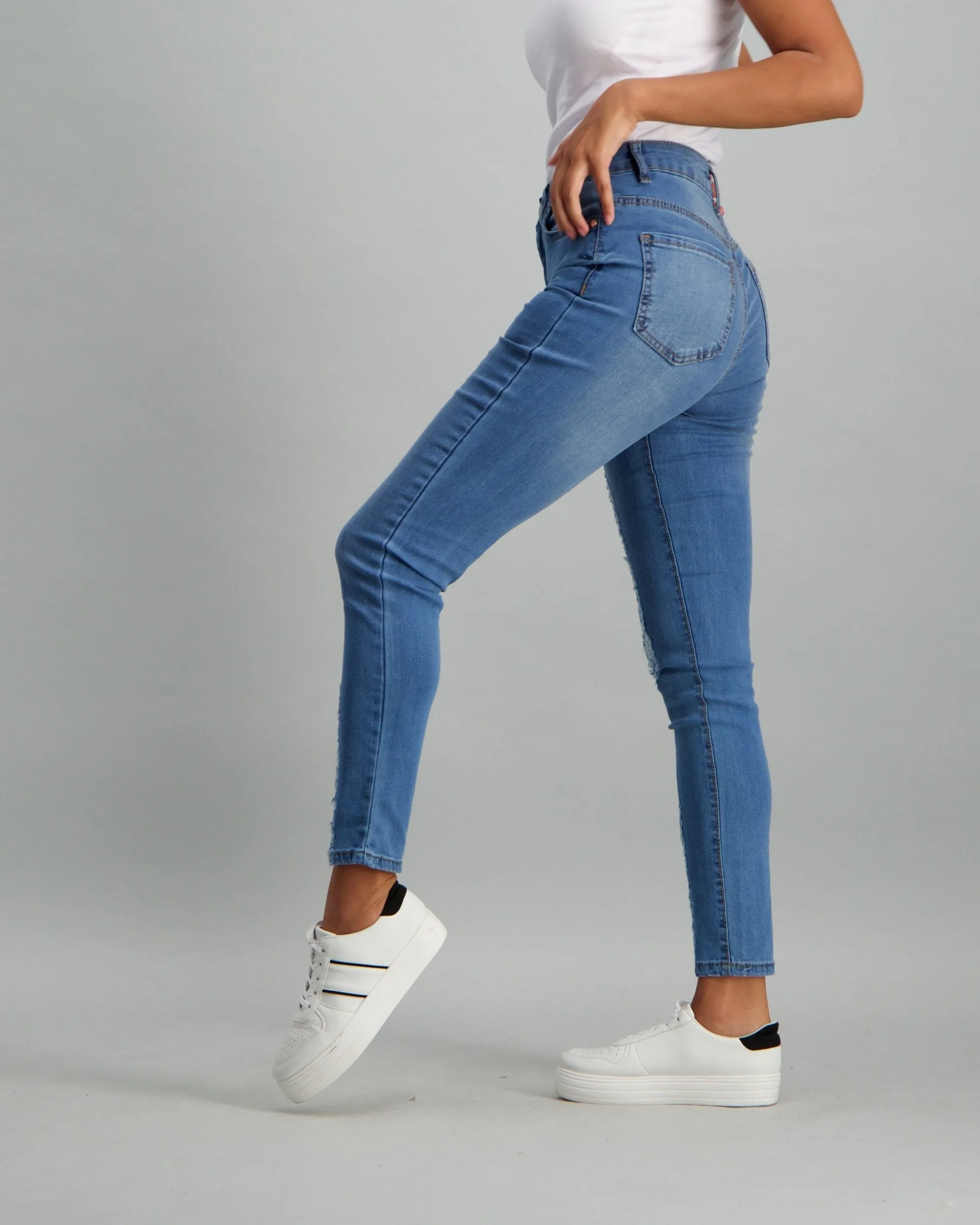 Ladies Ladder Leg & Hem Stonewash Skinny Denim Jean