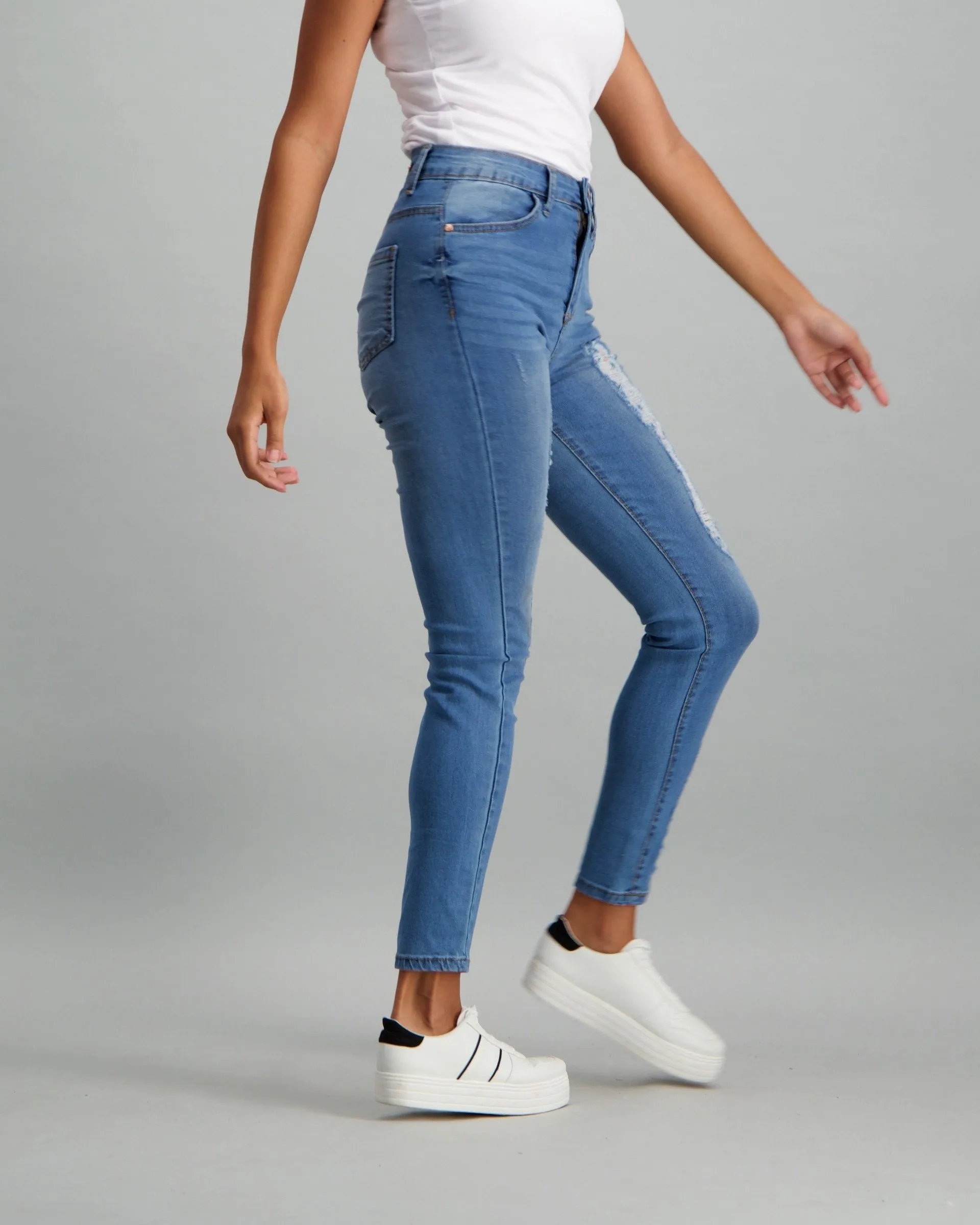 Ladies Ladder Leg & Hem Stonewash Skinny Denim Jean