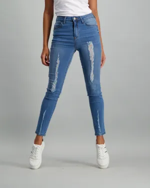 Ladies Ladder Leg & Hem Stonewash Skinny Denim Jean