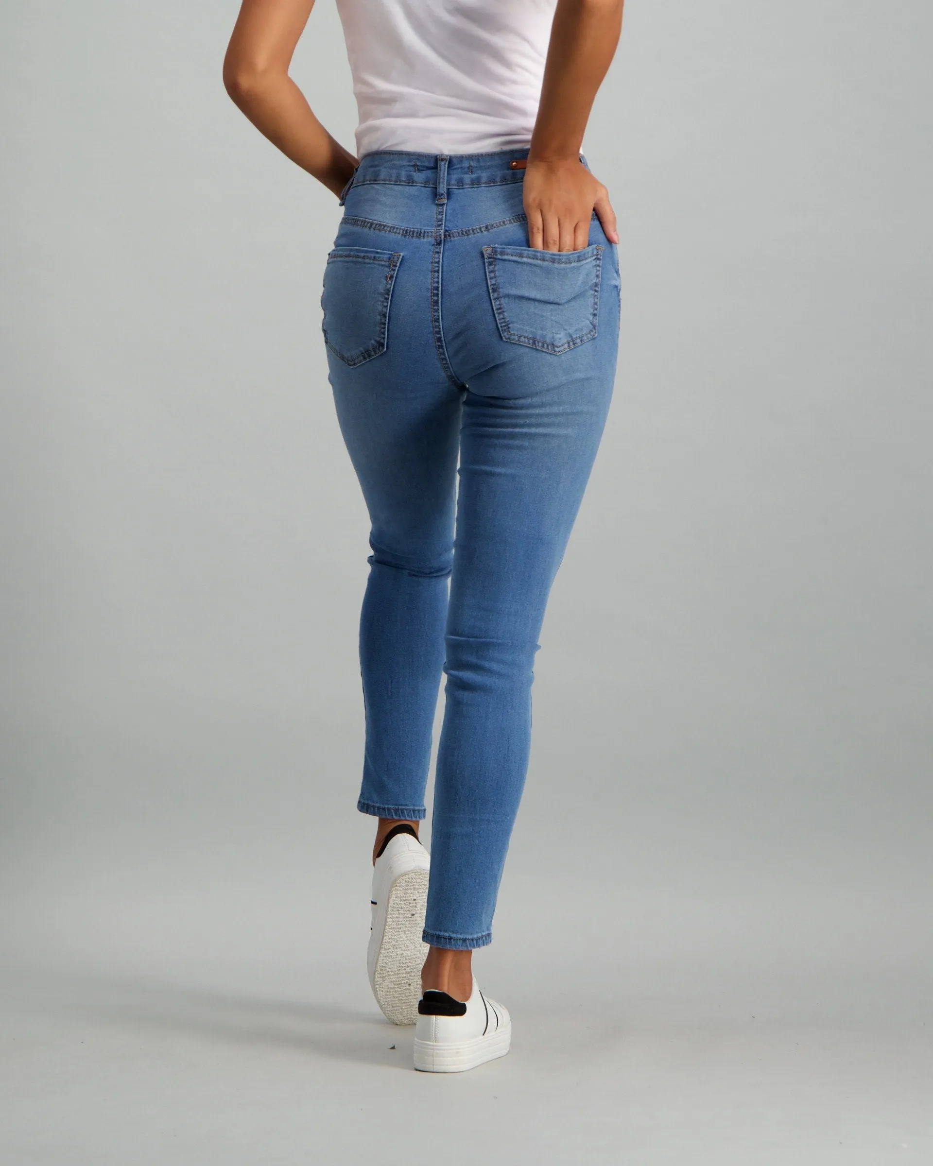 Ladies Ladder Leg & Hem Stonewash Skinny Denim Jean
