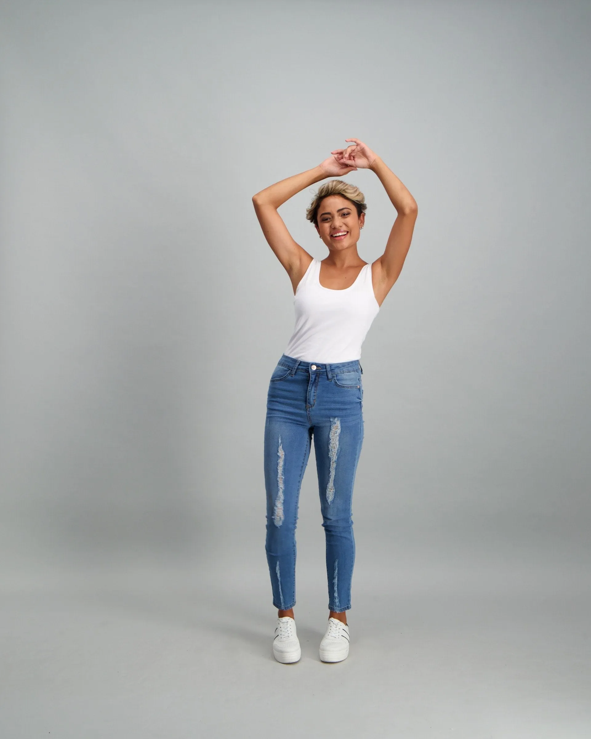Ladies Ladder Leg & Hem Stonewash Skinny Denim Jean