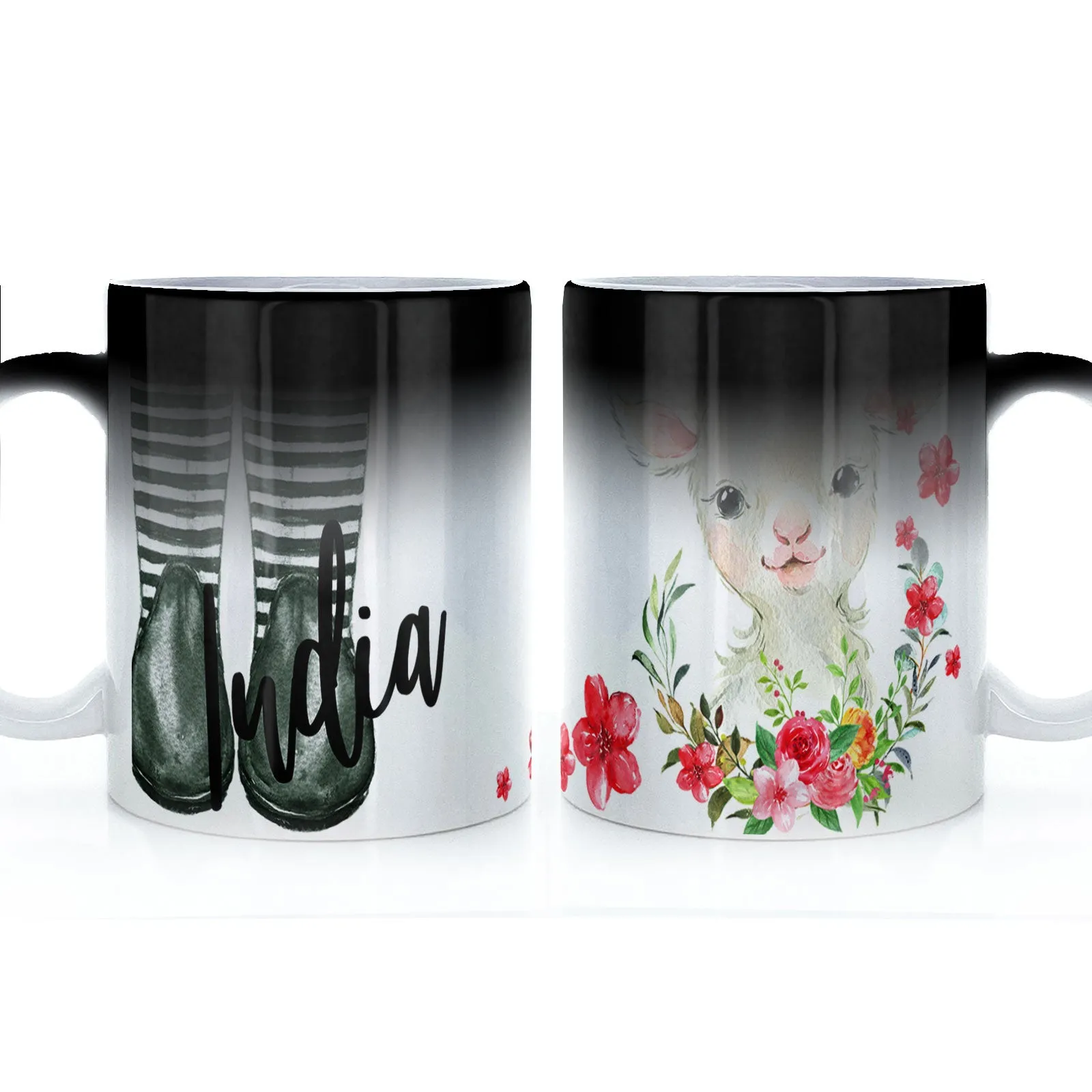 Personalised Mug with Stylish Text and Pink Flower Lamb & Green Striped Wellies