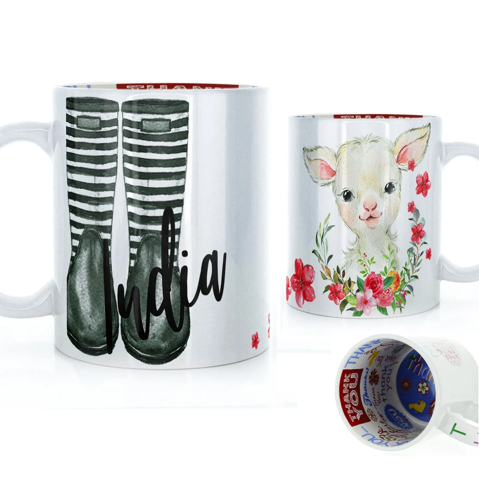 Personalised Mug with Stylish Text and Pink Flower Lamb & Green Striped Wellies