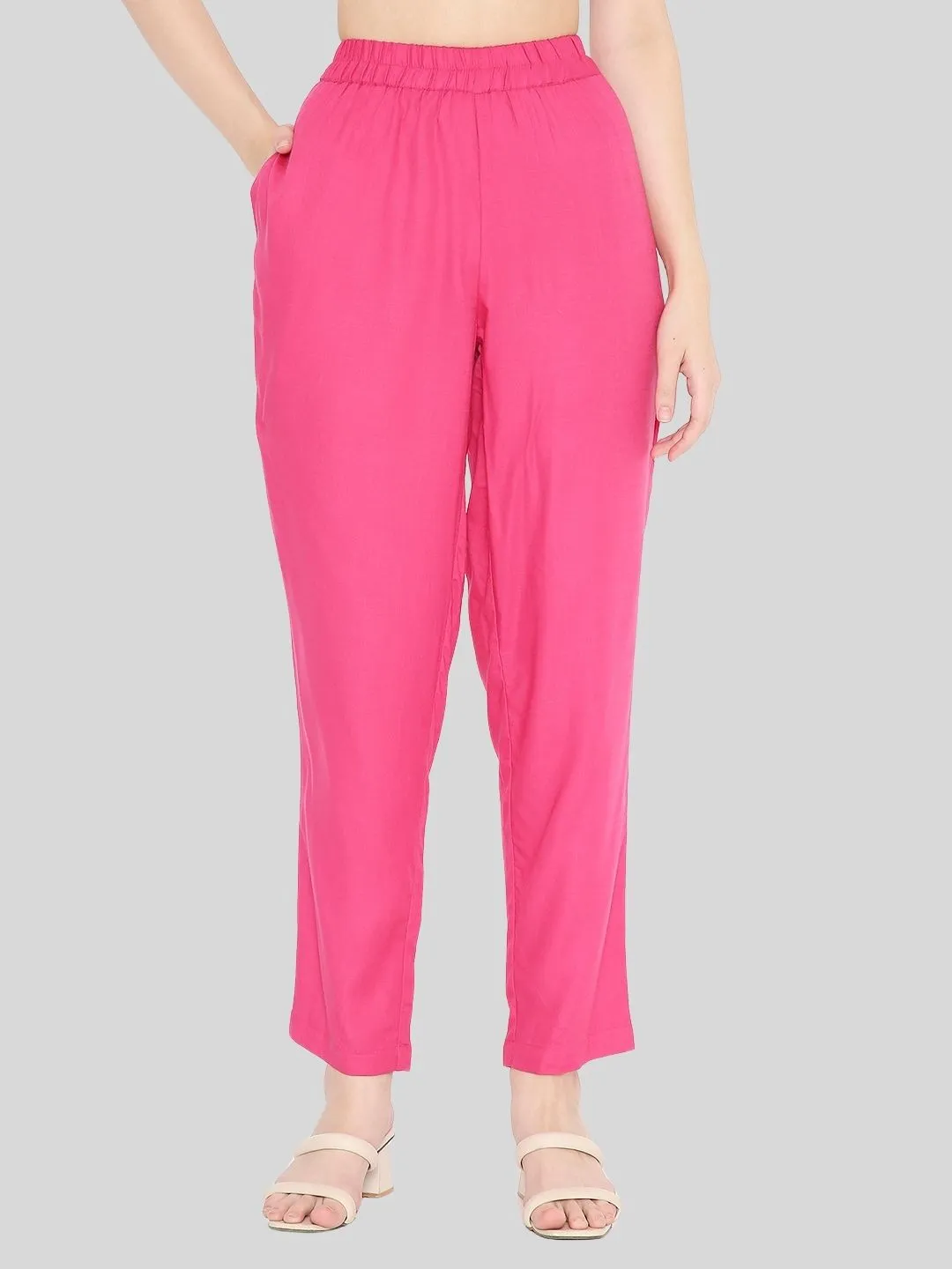 Pink Rayon Straight Fit Slip-on Trouser