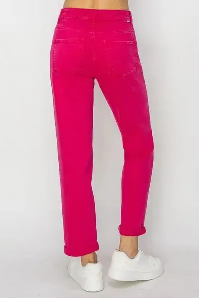 Risen Fuschia High Waist Rolled Hem Straight Jeans