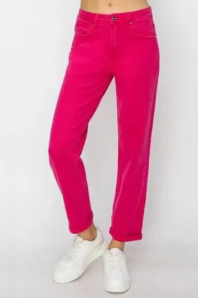 Risen Fuschia High Waist Rolled Hem Straight Jeans