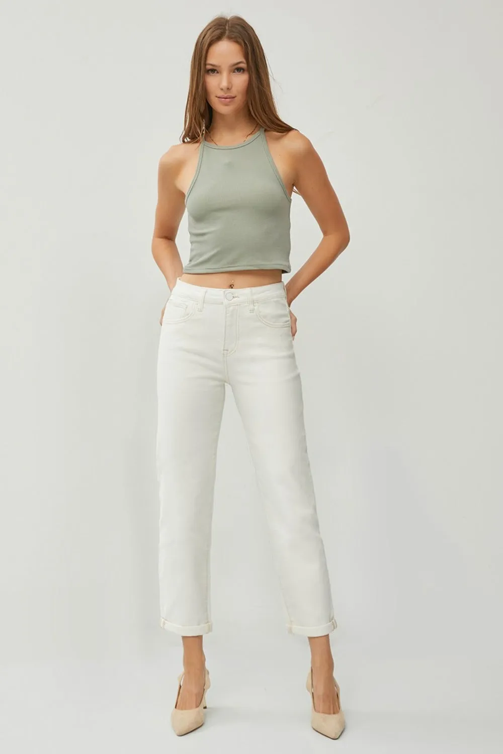 RISEN High Waist Rolled Hem Straight Jeans