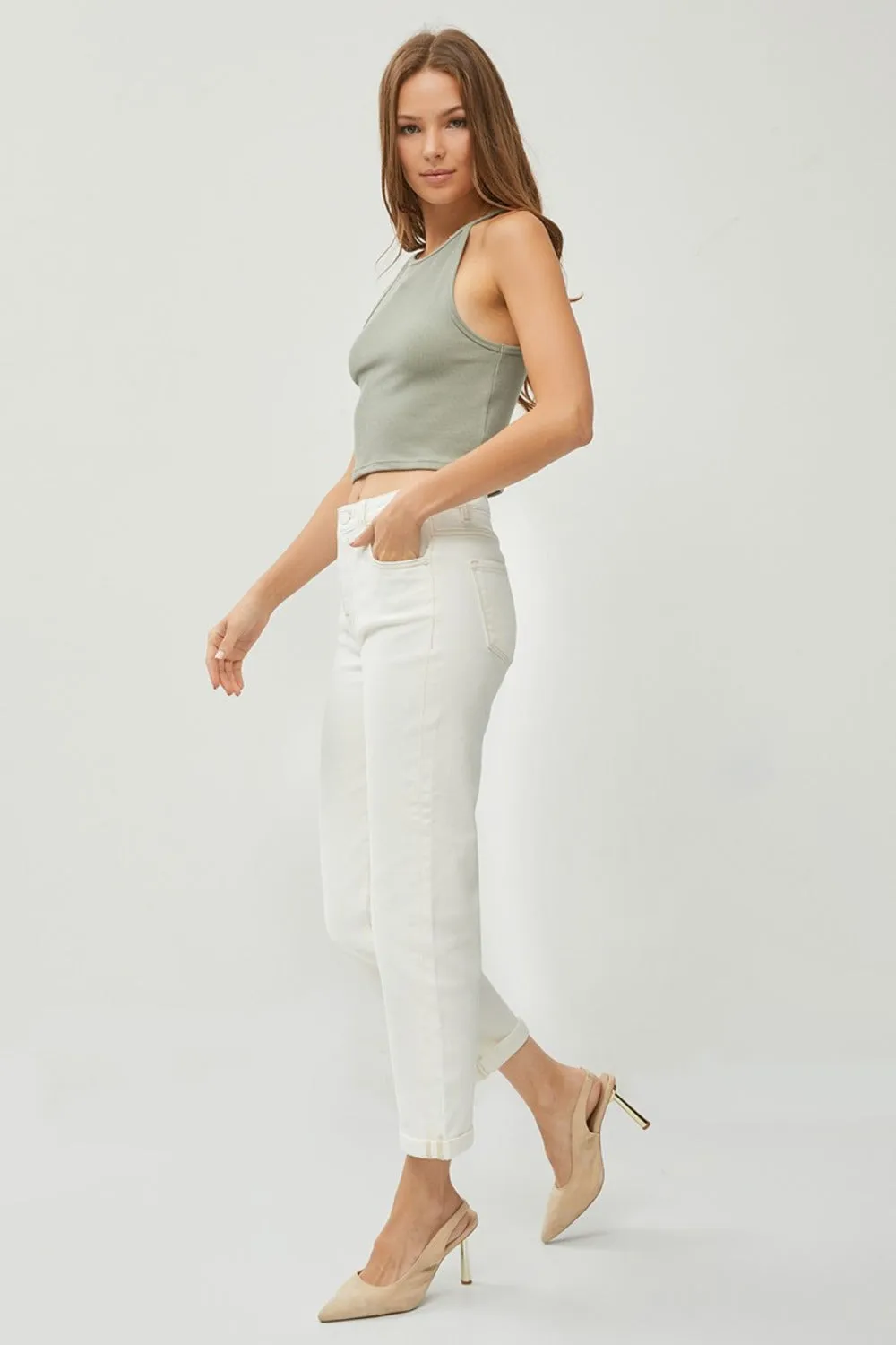RISEN High Waist Rolled Hem Straight Jeans