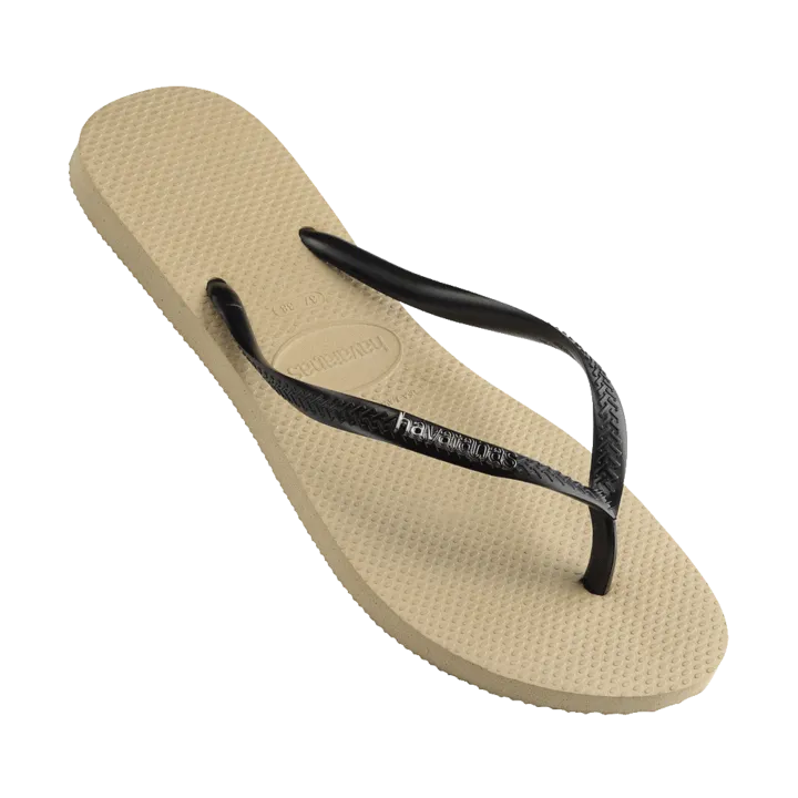 Womens Havaianas Slim Metal Logo Thongs - Sand Grey/Black