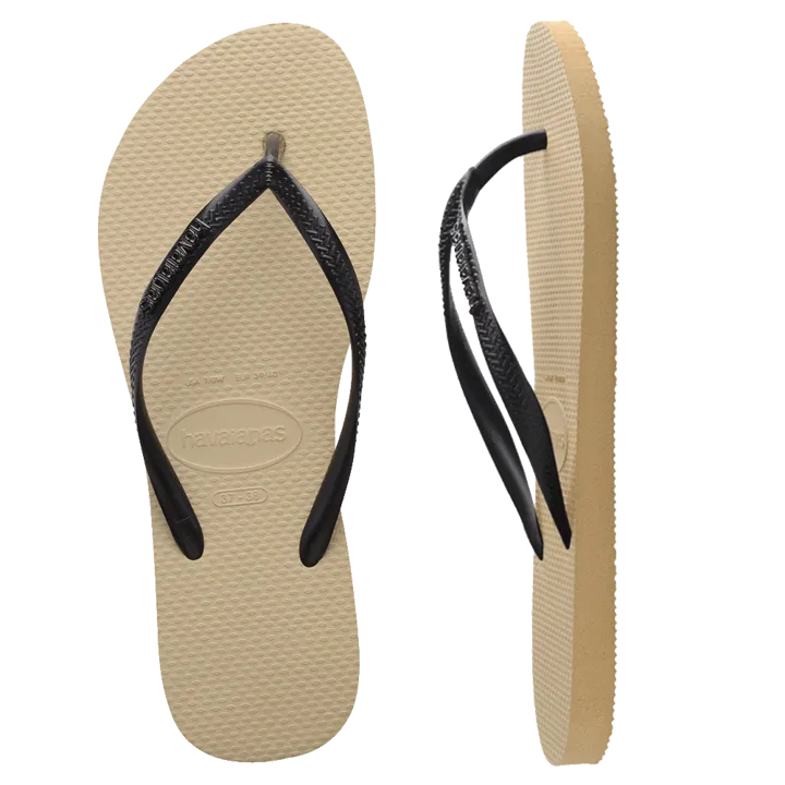Womens Havaianas Slim Metal Logo Thongs - Sand Grey/Black