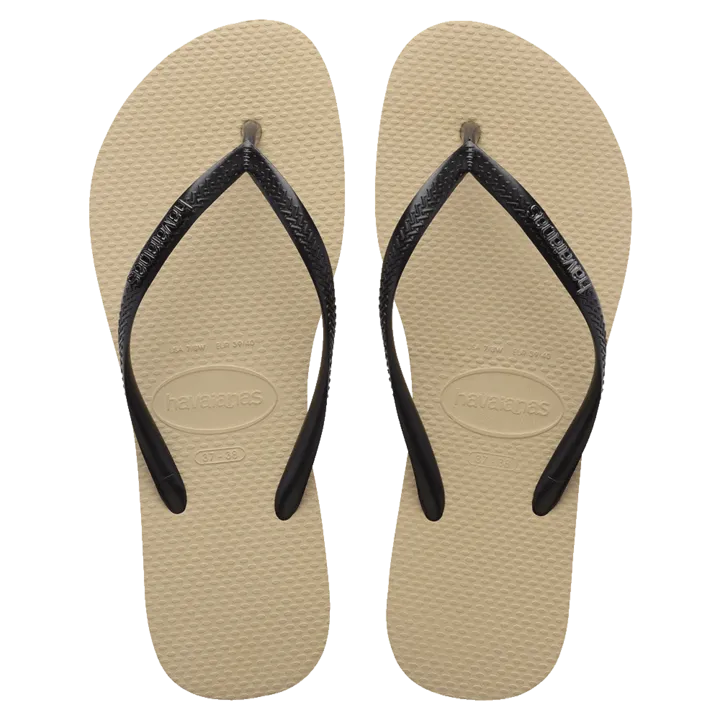 Womens Havaianas Slim Metal Logo Thongs - Sand Grey/Black
